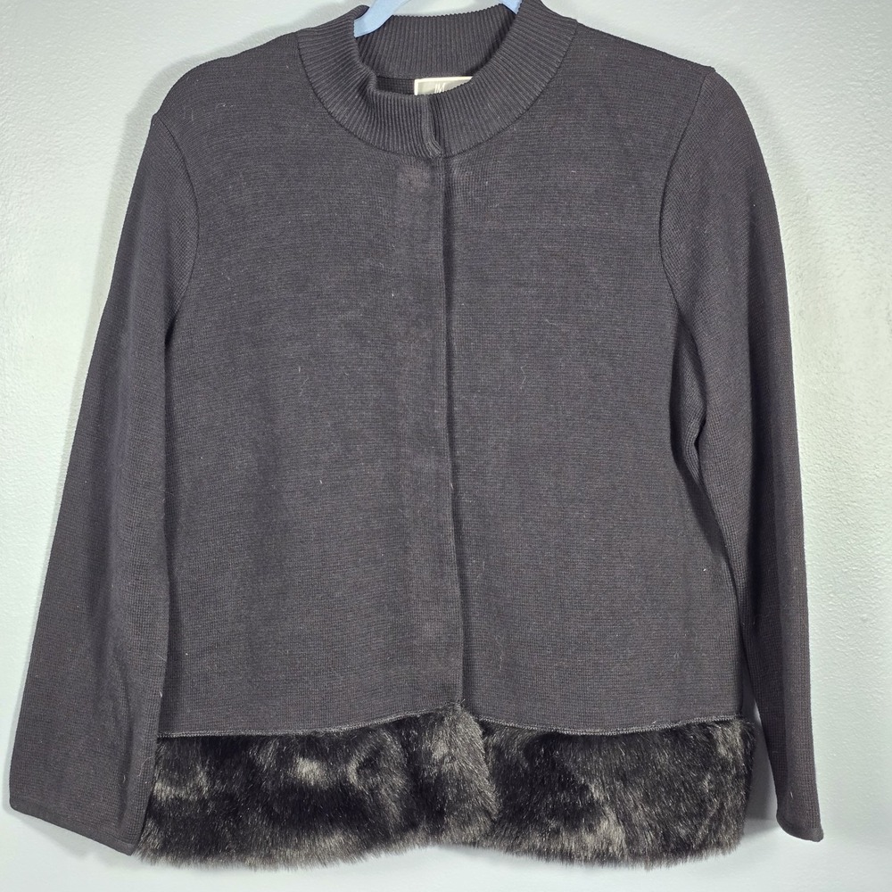 JM Collection Sweater Jacket Small Black‎ Faux Fur Hem Evening Chic Classic Knit